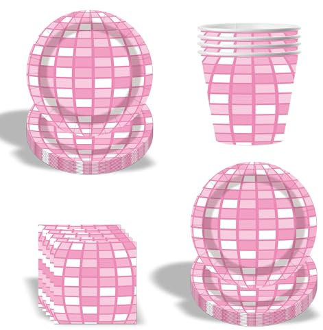 Rosa Disco Partygeschirr Set, Geburtstag Deko Set, Partygeschirr Kindergeburtstag Dekoration, Geburtstag Deko Set, Partydekoration Geschirr Party Supplies Set (Rosa Weiß-2)
