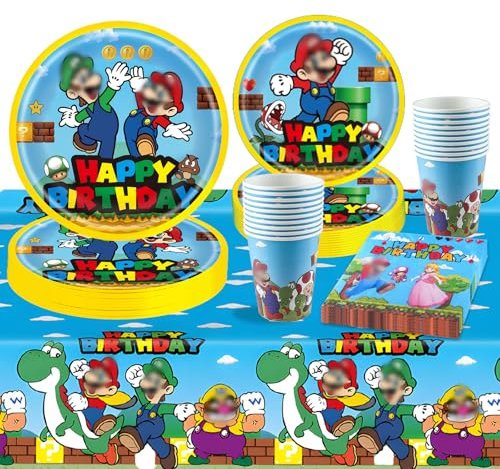 Super Bros Pappteller Kindergeburtstag Party Deko- Mari Geburtstag Geschirr Set Geburtstagsdeko Super Brothers Partygeschirr Tischdecke Pappteller Teller Servietten Tassen Party Supplies Tableware