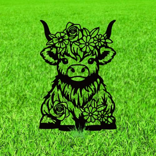 WADORN Piquets de Jardin Décoratifs de Vache des Highlands, Statues en Métal Amoureux des Vaches Cadeaux Piquets Ornements l'art de Cour Silhouette Noire Décoration pour Extérieure, 38x18cm