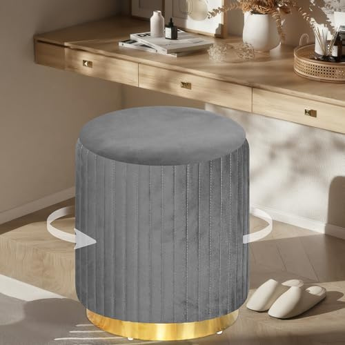 NomadNomics Hocker Schminktisch Sitzhocker Samt Sitzhocker Rund 360° Fußbank Drehbar für Schlafzimmer, Küche, Esszimmer, Modern Oder Flurgarderobe, 45 x 45 x 43 cm Polsterhocker bis 150kg (Grau)