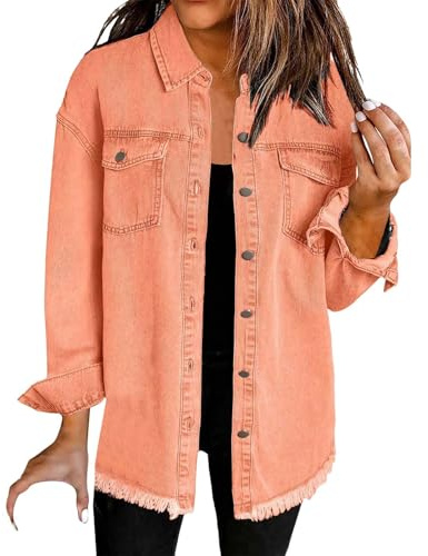 Uwdiohq Veste en Jean Femme, Veste en Jean Denim Unie pour Femme Surdimensionnée Boutonnée, Ourlet Effiloché, Manches Longues avec Poches