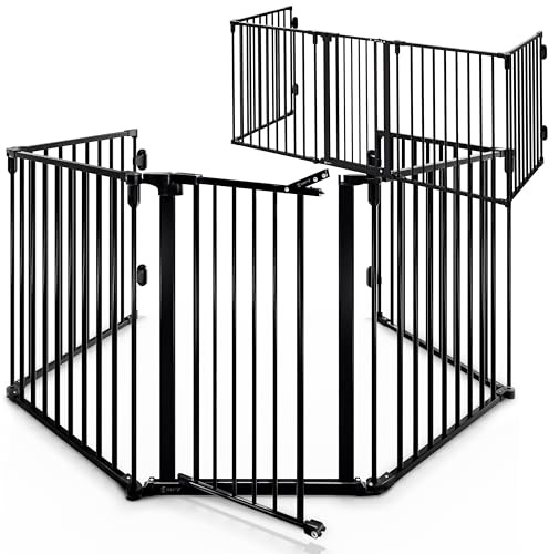 CASARIA® 2X Kaminschutzgitter Baby Laufstall mit Sicherheitstür 612x76cm Ofengitter Metall Kinderschutz ohne Bohren Hundegitter Freistehend Schwarz Kamingitter