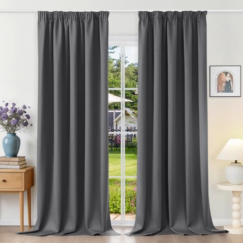 Runyéla Gardinen mit Kräuselband Thermovorhänge Kälteschutz Vorhänge Blickdicht 260 x 140 (HxB) Dunkelgrau 2er Set Verdunkelungsvorhänge für Schienensystem, Schiebegardinen für Wohnzimmer Curtain