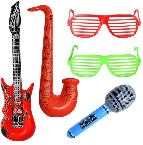 Luftgitarren Zum Aufblasen, 5er-Set Fotobox Accessoires Mit Aufblasbarer Gitarre, Mikrofon, Saxophon Und Brillen, Ideal Für Hochzeiten, Geburtstage Und Rock-Partys