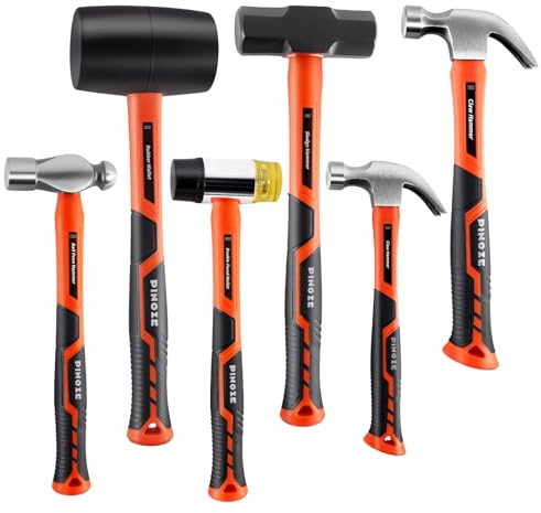 PINOZE 6 tlg. Hammer-Set, Glasfasergriff, geschmiedeter Stahlkopf, 620 g Kugelkopfhammer | 1,2 kg Gummihammer | 1,6 kg Vorschlaghammer | 670 g und 370 g Klauenhammer | 550 g Doppelkopfhammer