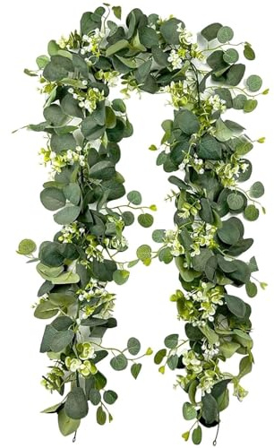 Bamyli Leaf Girlande Grün, Eukalyptus Girlande 1,8m, Efeu Künstlich mit Realistischen Blättern & Weißen Blumen, Ivy Garland für Girlande Hochzeit, Tischdeko, Hintergrund & DIY-Projekte