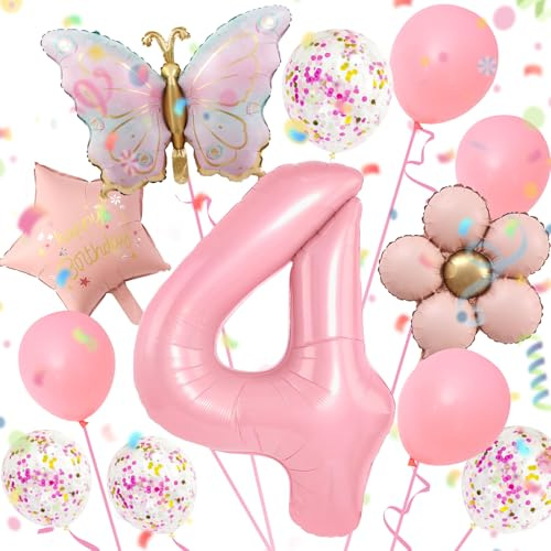 4 Jahre Schmetterling Geburtstag Deko 12 Stück | mit Luftballon Blume, Bunt Schmetterlinge Geburtstagsdeko, Mädchen 4 jahre