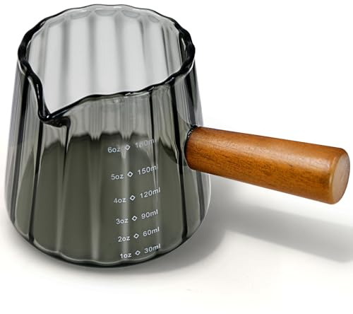 Espresso Measuring Cup with Wood Handle, 180ml/6oz Glass Measuring Shot Cup with Dual Scale and V-Shaped Mouth for Coffee Machine