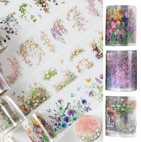 3 Rouleaux Autocollants de Fleurs en PET et Washi Scrapbooking Autocollant | Tape pour Scrapbooking,Adaptés aux Albums de Scrapbooking, aux Bullet Journaux, aux Journaux