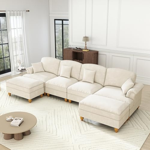 OPODEE Modulares Sofa U-Form Chenille 4-Sitzer,Klassiker Abnehmbarer Sofabezug mit Faltensaum & 2 Beweglichem Hocker,Cloud Couch,Wohnlandschaft für Wohnzimmer Weiß, Landhaus & Modern