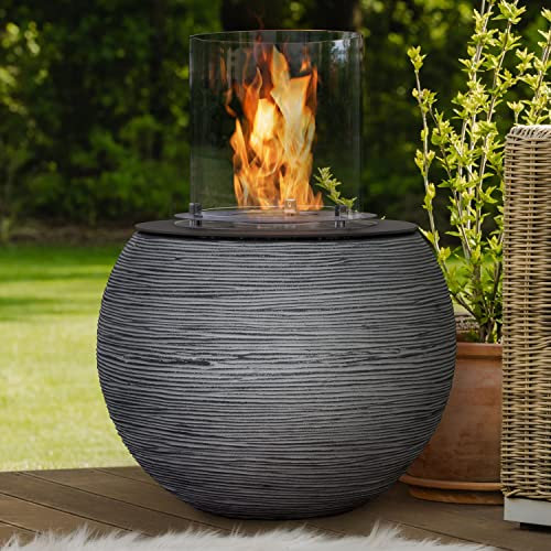 muenkel design MEDA – Riffelung schwarz-grau – Bio-Ethanol Feuerstelle Gartenfackel Terrassenfeuer mit Round Burner 350 Brennkammer