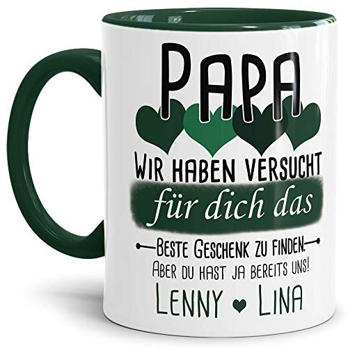 Tassendruck Geschenk Tasse mit Spruch PERSONALISIERT - Bestes Geschenk für Papa von Kindern - Kaffee-Tasse/Geschenkidee Geburtstag Vatertag/Vatertagsgeschenk - Innen & Henkel Dunkelgrün