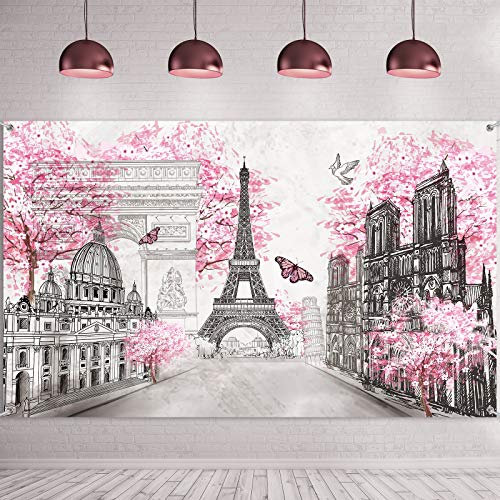 Paris Tapisserie-Hintergrund, Paris-Wandkunst, Eiffelturm, Fotobanner, Hintergrund, europäische Stadtlandschaft, Rosa, Wandbehang, Dekoration für Wohnzimmer, Mädchen, Schlafzimmer,