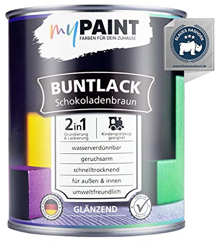myPaint 2in1 Buntlack Glänzend (750ml Schokoladenbraun / Braun RAL 8017) – Wetterfeste Holzfarbe Holzlack & Küchenmöbellack. Getrocknet auch für Kinderspielzeug. Schnelltrocknend.