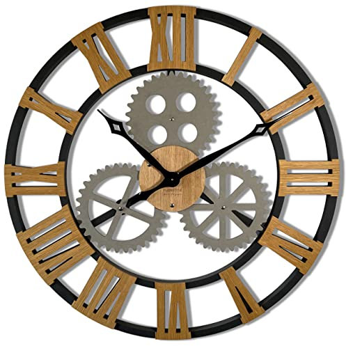 FLEXISTYLE Industrial Design groß 80 cm Durchmesser Retro Vintage holzoptik Eiche ohne tickgeräusche, Wohnzimmer (Schwarz) z229-11ad-1-x-80 80cm