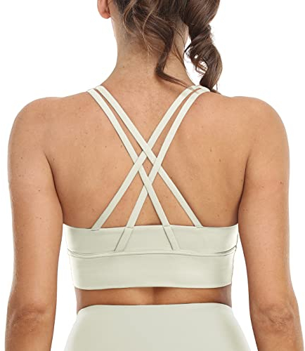 icyzone Damen Sport BH Starker Halt Gepolstert Training Bustier Top Fitness Yoga Bra (M, Cream White)