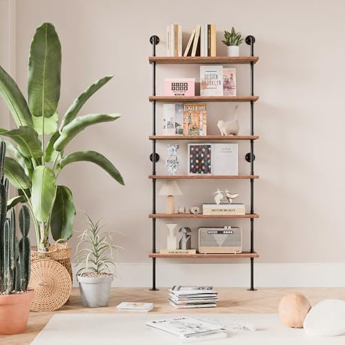 Anynice 6 Tier Industrial Ladder Pipe Shelf Bookcase, Rustic Wall Mounted Pipe Bookshelves for Decor and Storage