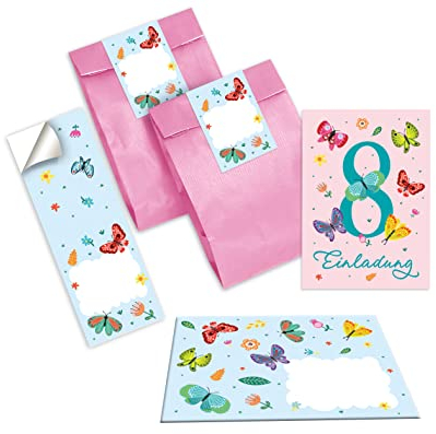 Junapack 12 Einladungskarten zum 8. Kindergeburtstag achte Geburtstag Mädchen Schmetterlinge incl. 12 Umschläge, 12 Tüten/rosa, 12 Aufkleber