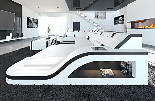 Wohnlandschaft Palermo Sofa U Form Ledersofa - mit LED Beleuchtung, verstellbare Kopfstützen, Recamiere/Lederfarben wählbar/Ausrichtung wählbar (Ottomane rechts, Weiß-Schwarz)