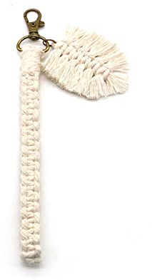 Boho-Schlüsselanhänger, Armband, handgefertigt, Makramee-Armband, Schlüsselanhänger, Handgelenk, Schlüsselband, Schlüsselanhänger für Damen, mit Blätter-Anhänger, beige, One size