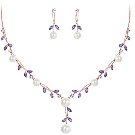 EVER FAITH Parures Femme Série Perle et Feuilles Cristal Tchèque Strass Collier Boucles d'oreilles Pendant Violet Ton Rosé Or