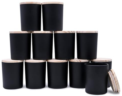 SHOWIN Tarros gruesos para hacer velas, 12 unidades, tarros vacíos de 7 onzas con tapas de madera para hacer velas, recipiente de muestra, negro mate