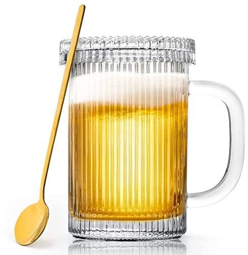 Quyimy Clear Glass Coffee Mug, 325ML Ribbed Glass Coffee Mug with Lid and Spoon, Vertical Stripes Tea Mug Cup for Latte, Capuccino, Espresso, Milk, Juice (11oz, Clear)