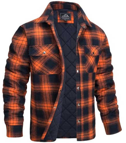 MAGCOMSEN Mens Quilted Jacket Flannel Shirts Long Sleeve Climbing Hiking Coat Lounge Travel Checked Jackets Orange L