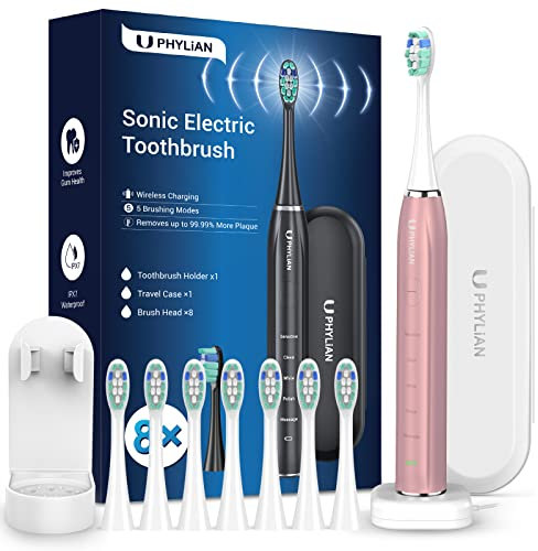 Elektrische Schallzahnbürste für Familie – Schallzahnbürste für Erwachsene mit 8 Bürstenköpfen, Ladegerät, Reisetasche, 5 Modi und Timer, Zahnbürste wasserdicht IPX7, U15, Roségold