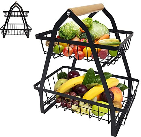 LZQ Corbeille à fruits à 2 étages - Porte-fruits amovible - Avec poignée en bois - Panier à pain - Construction en acier au carbone - Fruits et légumes - Noir