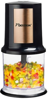 Bestron hachoir électrique, mini hachoir idéal pour les légumes, les oignons, Deux lames de coupe & capacité de 500 ml, Coleur: Noir/Argent, Cuivre