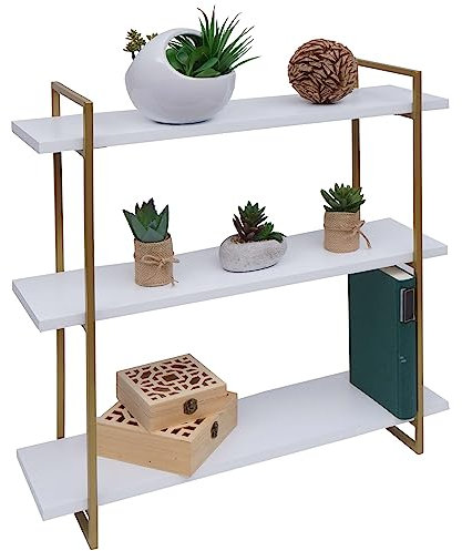Wandregal HWC-K78, Hängeregal Schweberegal, 3 Regalböden Massiv-Holz Industrial 60x60x18cm - weiß, Metall Gold