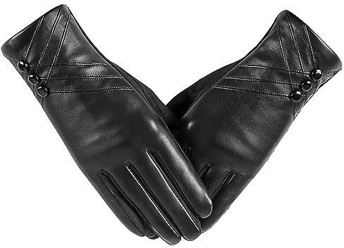 RSHHCXR Winter Leather Gloves for Women,With Touchscreen Texting Warm Cashmere Lining Windproof Suede Driving Gloves, Black, Small/Medium