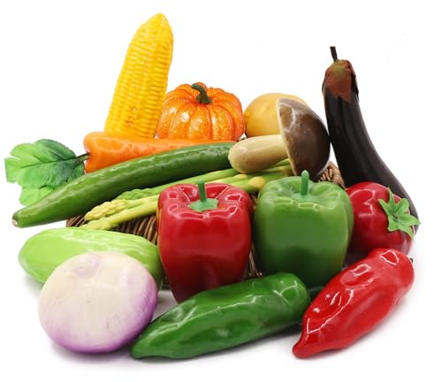 Tuxiaobu 17 Pcs Artificial Vegetables, Fake Vegetables Lifelike Faux Pepper Potato Pumpkin Tomato Carrot Onion Mushroom Eggplant Cucumber Asparagus Decorations for Home Kitchen Festival Christmas
