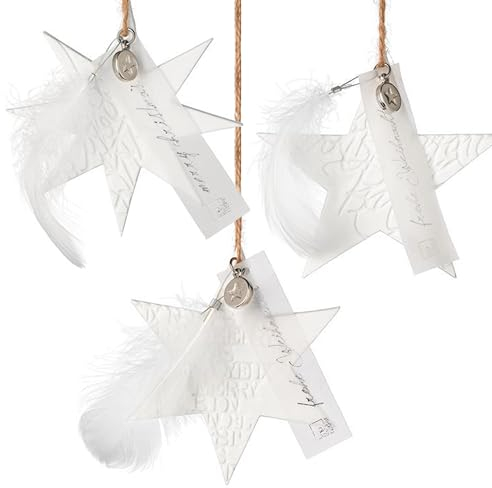Porzellansterne Merry Xmas, Frohe Weihnachten & Wünsch dir was, Baumschmuck im 3er Set in weiß, 8cm, stilvolle Sternanhänger als Weihnachtsbaumdeko, Weihnachtsbaumschmuck, Design Made in Germany