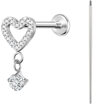 BodyAce ASTM F136 Titan Helix Piercings Ohrstecker, 16G Flatback Lippenpiercing With Piercing Taper, Nasenstecker Conch Tragus Piercing Schmuck [Hängendes hohles Zirkon-Herz]