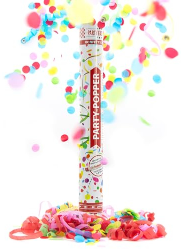 Party Factory – Konfettikanone Bunte Luftschlangen & Konfetti Party Popper 1er Set – Partygadgets Confetti Kanone 40cm mit Schnipseln für Geburtstag oder JGA – Bis 8m Flughöhe, für Innen & Außen