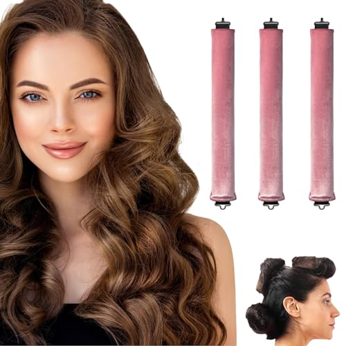 Moguri 3 Stück Hitzefreier Lockenwickler, Flexi Stangen mit Haken, hitzefreier Lockenstab für alle Haartypen, Lockenwickler zum Ausschlafen, hitzefreie Locken über Nacht,Rosa