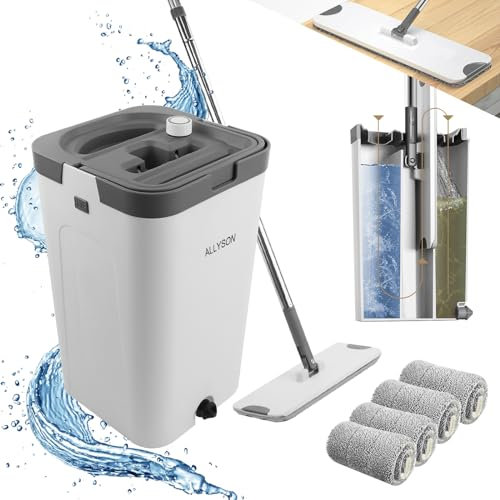 Allyson® Wischmopp Set Bodenwischer inkl. 4 Mops, 3-Kammer Wischmopp Set mit Eimer, Mob Wischer mit Haarentferner und Auswringfunktion - Putzeimer Wischmop für Wohnung Putzen, Mop für Fliesen & Holz