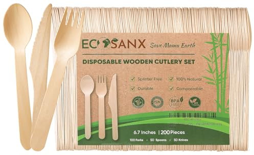 200 PCs Wooden Cutlery Set, 6.5 Splinter Free Disposable Cutlery for Parties, Biodegradable, Eco-Friendly, 100 Wooden Forks 50 Disposable Spoons & 50 Knives for Outdoor, Camping, Events & More