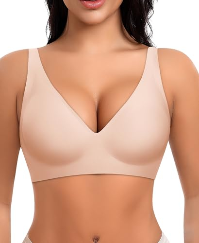 Damen BH Ohne Bügel Nahtloser Glatter Weicher BH Bequemer T-Shirt Soft Bra (Beige-Weite Träger, M)