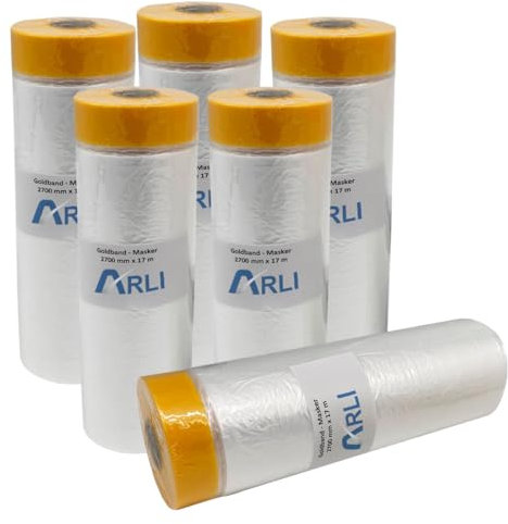 ARLI Goldband Masker 2700 mm x 16 m Abdeckfolie mit Klebeband Malerfolie Baufolie transparent HDPE Folie mit Washi Tape für Abdeckarbeiten im Innen- und Außenbereich (6 Stück/Rollen)
