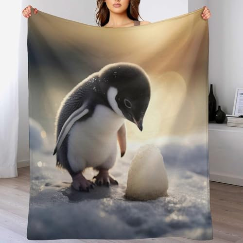 PAZZK Animal Pinguin Fleece Decken, Flauschige Kuscheldecken, Superweiche Leichte Flannel Wohndecke Mit Druck Für Couch Bett/Sofa （150×200cm）