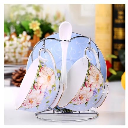 XXAD553TY Juego de Taza de Té y Café Vintage Juego de Tazas de café de Porcelana Inglesa, Juego de té de la Tarde, 2 uds., Tazas, platillos, cucharas, Soporte de Acero Gratis Taza