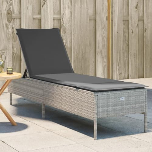 Gecheer Sonnenliege mit Auflage Gartenliege Relaxliege Rattanliege Strandliege Liegestuhl Liege Gartenmöbel Rattanmöbel Poly Rattan Hellgrau