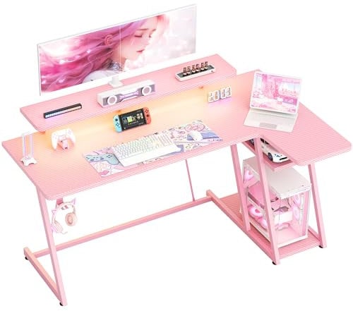 HOMIDEC Gaming Desk with LED Lights, 140CM Computer Desk with Monitor Stand, L Shaped Corner Desk with Headphone Hook and Shelves for Gaming Room, Bedroom, Office, Pink