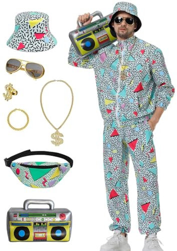 Ezuwail Karneval Kostüm Herren Hippie Kostüm Outfit Herren 80er Retro Jogginganzug Hip Hop Sportanzug 90er Outfits Halloween 9Stk(Grün/2XL)