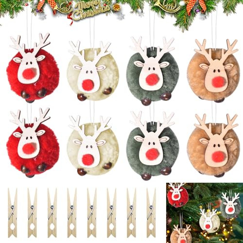 Weihnachtsbaum Anhänger, 8 Stück Weihnachtsanhänger Elch Deko, Weihnachtsbaumschmuck Rentier Puppe, Filz Holz Weihnachtsdeko, Baumschmuck Weihnachten, Christbaumschmuck Holz