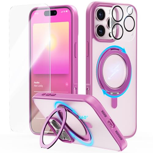 JUESHITUO for iPhone 16 Pro Case: 360° Spin Magnetic Stand, Full Camera Protection, Fit for MagSafe, 16FT Military Grade Shockproof Protective Phone Cover with Kickstand Ring Holder, Pink