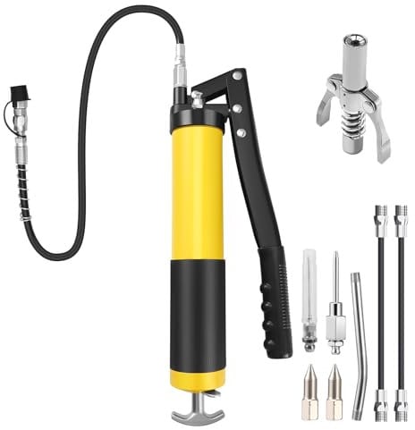 Neulriscn Grease Gun with Coupler 1/8NPT, 10000PSI Heavy Duty Pistol Grip Grease Gun Set with Grease Injector Needle, 6-Jaw Couplers, Sharp Nozzle, 18 Spring Flex Hose, Standard Hose